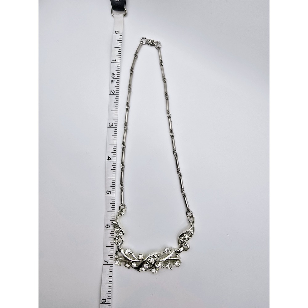 Vintage Silver Tone Clear Rhinestone Floral Spray Bar Link Choker Necklace 14" - Picture 8 of 8